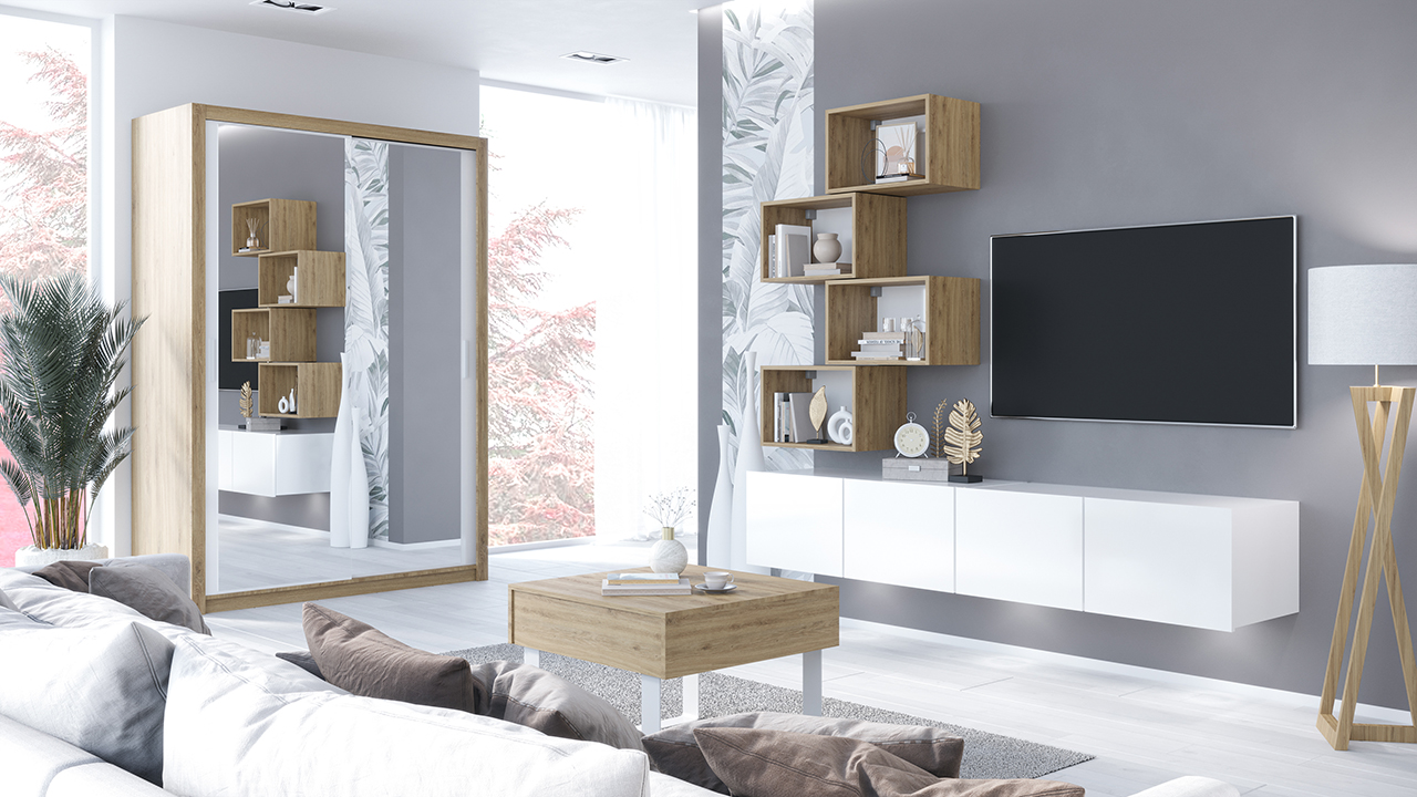 Conjunto de muebles de salón CALABRIA 30 + Armario con espejo 150 VISTA roble dorado / blanco