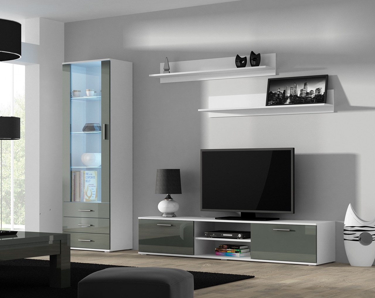 Muebles de entretenimiento SOHO 1F blanco / gris brillo