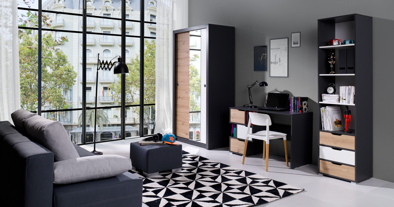 Muebles juveniles modulares IWA 8 Grafito / Blanco + Roble Artisan