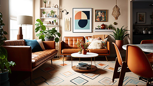 Sala de estar de estilo retro y moderno de mediados de siglo